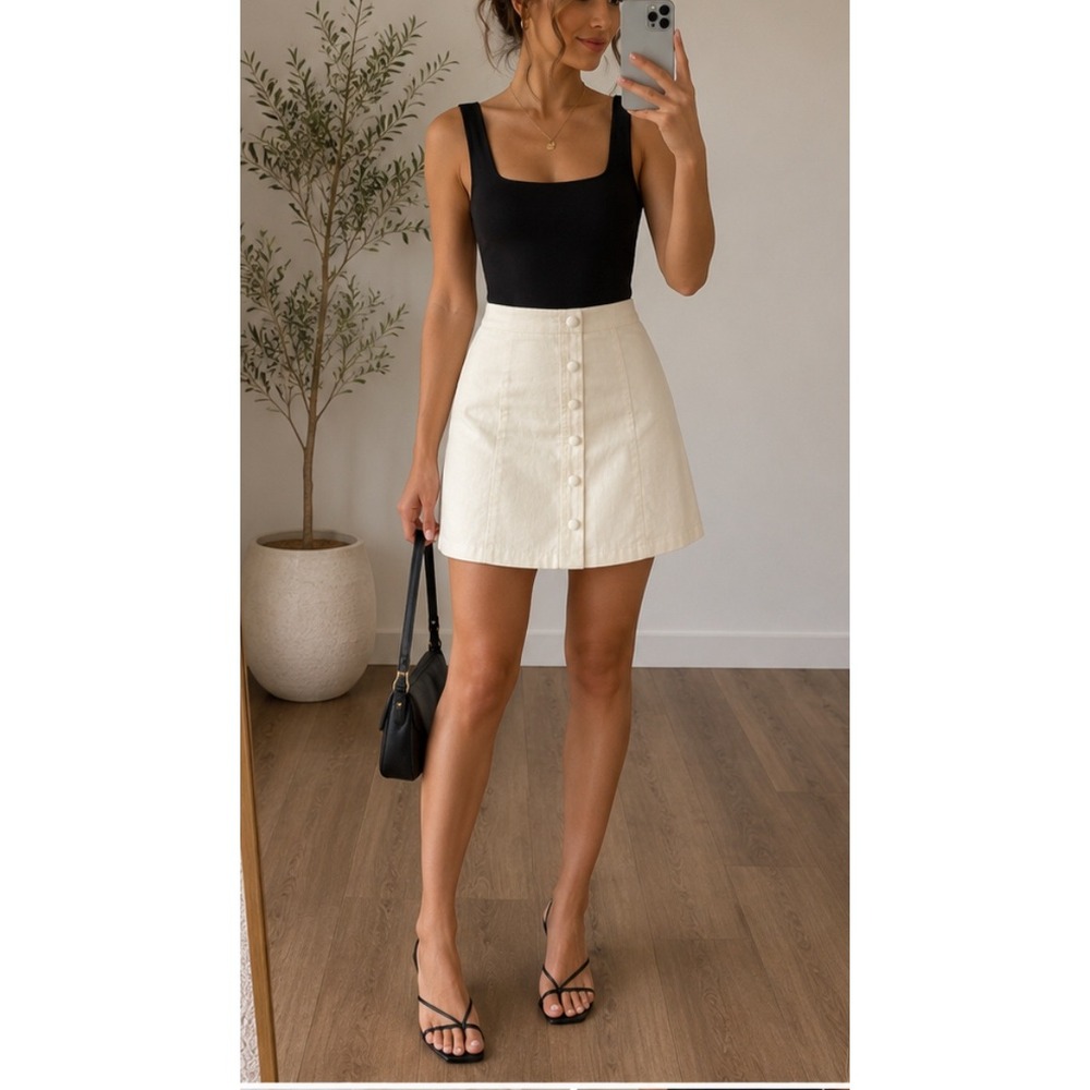 Zara Cream Button Front Mini Skirt High Waisted Off White A-Line 7385/187 XS